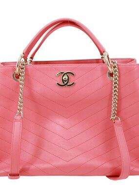 Chanel  Stitched Chevron Calfskin Leather Chic Shopping Tote Bag Pink
